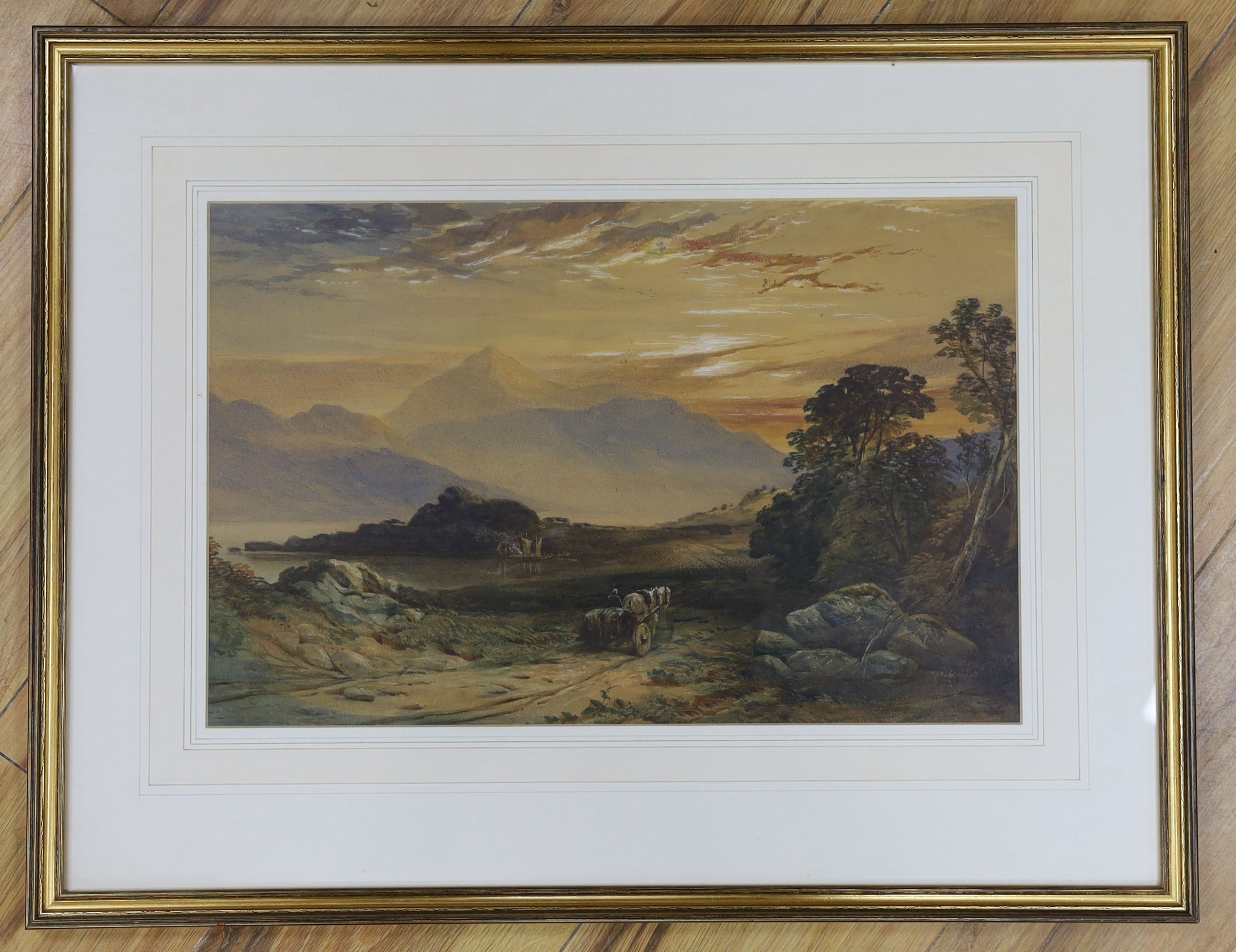 Victorian School, watercolour, Horse and cart in a landscape, 28 x 44cm